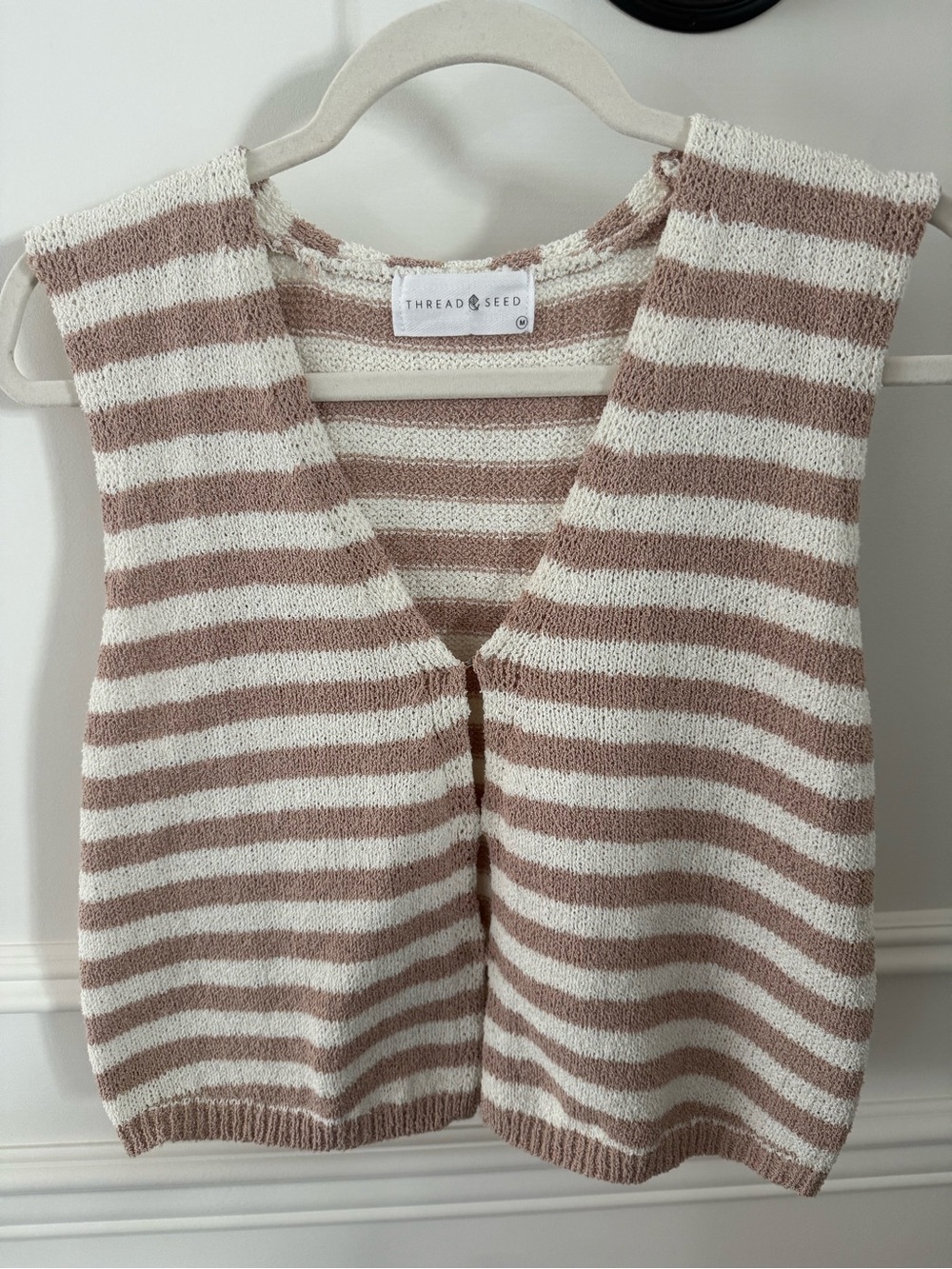 Striped Knit Sleeveless V-Neck Vest in Beige and White